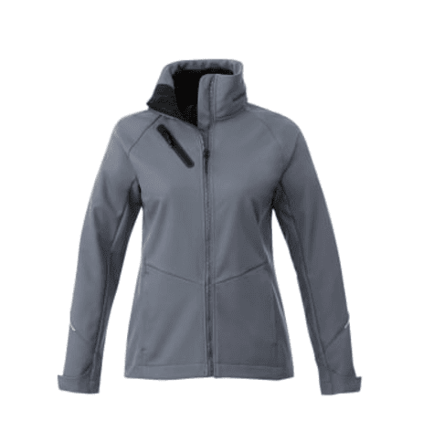 SwagDrop Women's PEYTO Softshell Jacket in grey, combining a breathable waterproof membrane with stylish tailoring for versatile use.