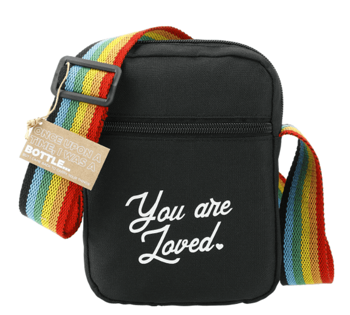 Screenshot of a crossbody tote with a rainbow shoulder strap.