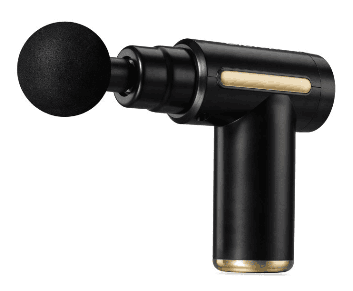 SwagDrop iLive Portable Cordless Massage Gun with a sleek black and gold design, ergonomic handle, and interchangeable heads for targeted muscle relief.