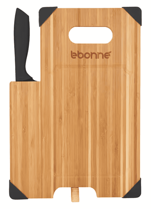 SwagDrop Bamboo Cutting Board with Knife, featuring non-slip corners and a stainless steel knife for precision cutting.