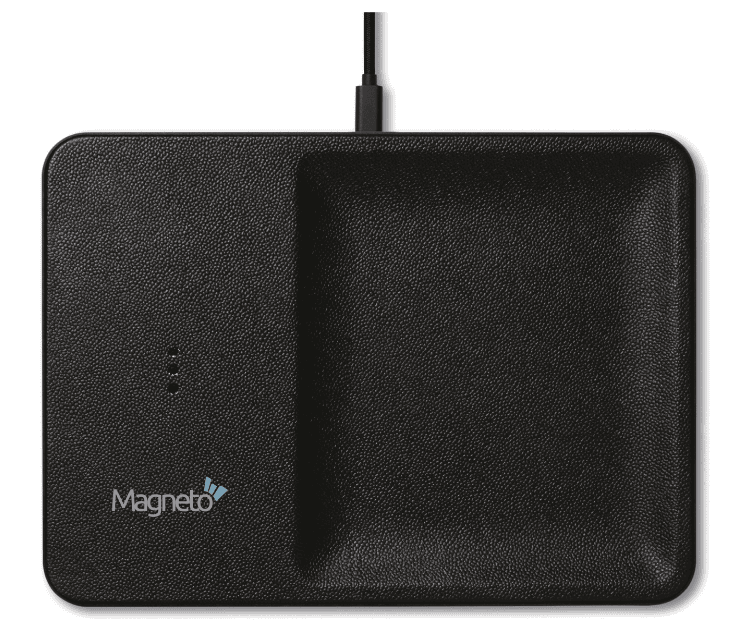 SwagDrop Courant Classics Catch, in black, featuring an organizer and a wireless charger,  perfect for keeping essentials tidy and devices powered.