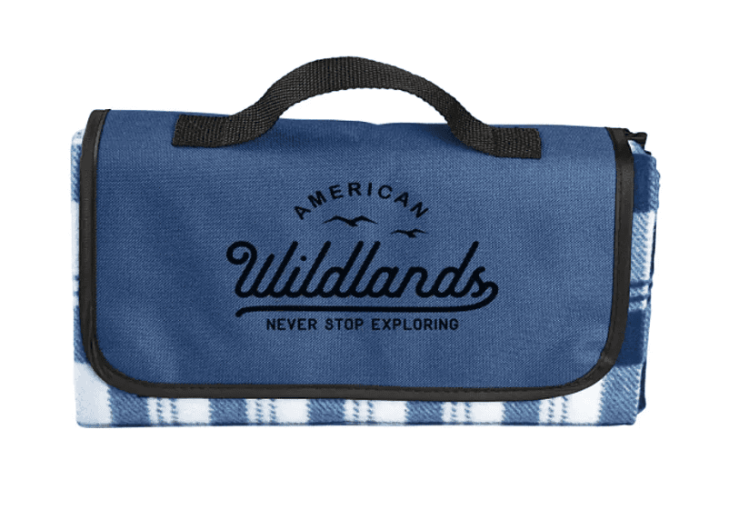 SwagDrop Fold-Up Picnic Blanket, in blue, folding into a compact carry size, featuring a soft fleece surface and water-resistant backing.