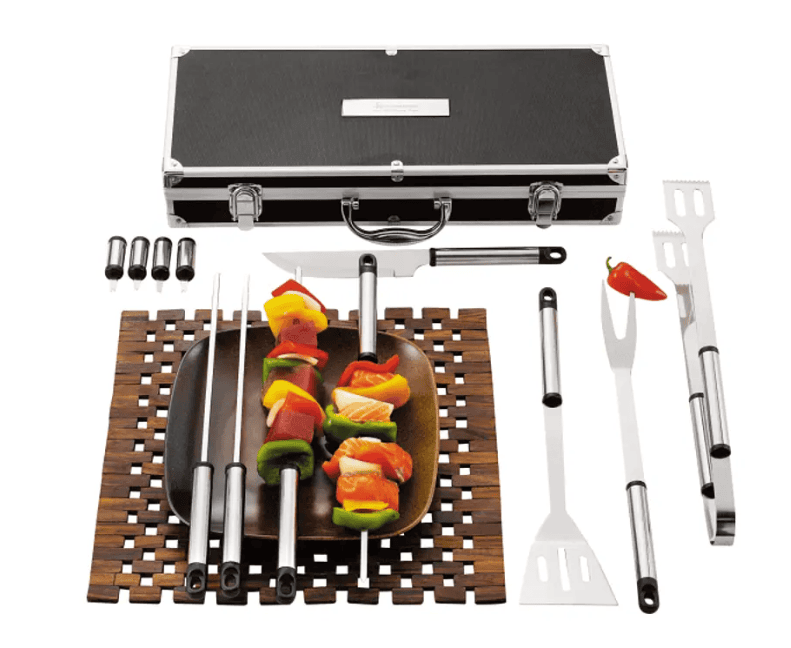 SwagDrop Grill Master Set, including 13 essential grilling tools, all wrapped up in an elegant case for convenient carrying at barbeques.