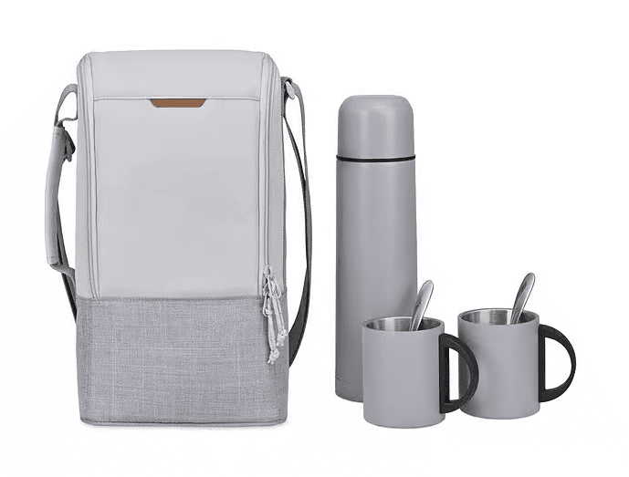 SwagDrop Parkview Insulated Coffee-to-Go Carry Tote, in grey, including a thermos and mugs in a backpack cooler, ideal for outdoor coffee moments.