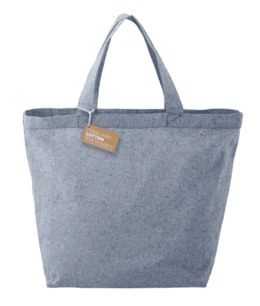 SwagDrop Recycled Cotton Twill Grocery Tote, in blue, made from recycled cotton and recycled PET, eliminating the need for plastic bags during grocery shopping.