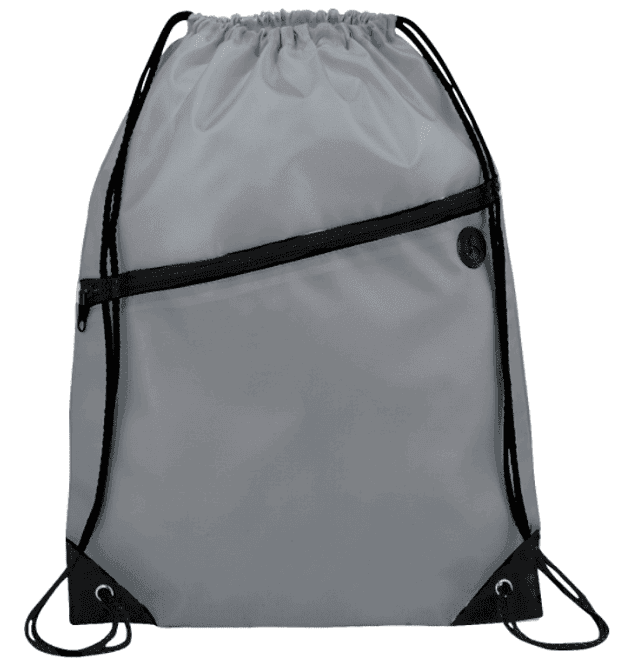 SwagDrop Robin Drawstring Bag, in grey, with a front zippered pocket and earbud port, ideal for everyday use.