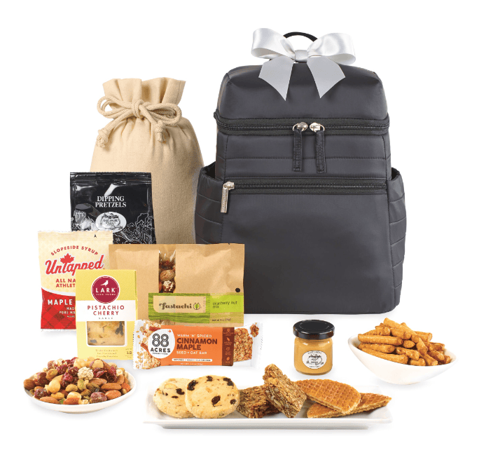 SwagDrop Aviana Gourmet Backpack Cooler filled with assorted snacks, perfect for picnics or work lunches.