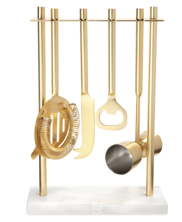 SwagDrop Be Home Luxe Hanging Bar Tool Set, including golden bar tools with a marble stand for crafting cocktails in style.