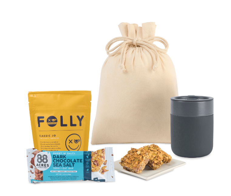 SwagDrop But First Coffee Gift Set, including a pack of premium coffee, a yummy granola bar, and a travel mug for starting your day on the right foot.