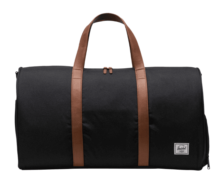 SwagDrop Herschel Recycled Novel Duffle, in black, made from recycled materials with a waterproof closure for secure travel.