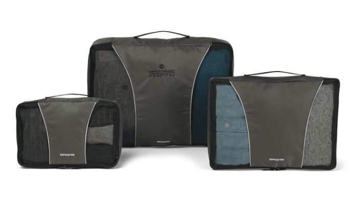 SwagDrop Samsonite Three-Piece Packing Cube Set, in black, with mesh tops, for organized travel designed for different clothing categories.
