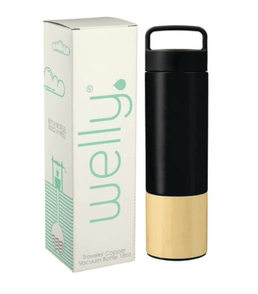 SwagDrop Welly Traveler Copper Vacuum Bottle, in black, featuring stainless steel with copper insulation and a bamboo wrap for hot or cold drinks.