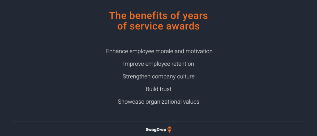 A graphic listing the benefits of years of service awards.