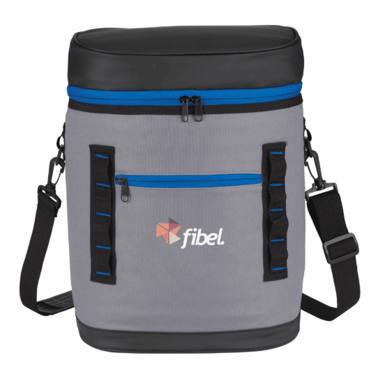 SwagDrop 20 Can Backpack Cooler, in grey and black, designed to keep food and beverages cold during outdoor gatherings.