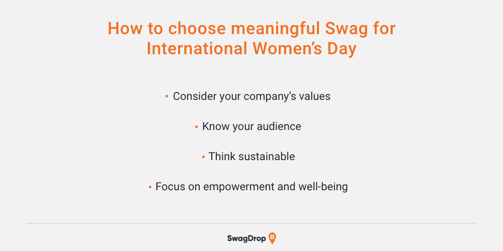 A graphic listing four ways to choose meaningful swag for International Women’s Day.