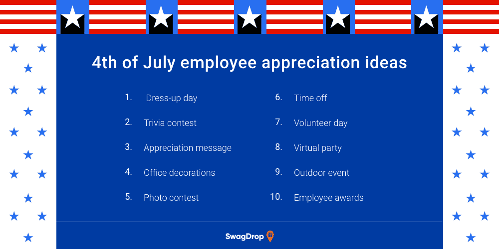 A graphic listing 10 4th of July employee appreciation ideas.