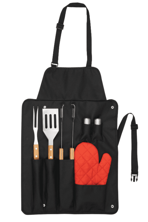 SwagDrop BBQ Now Apron and 7 piece BBQ Set, in black, including essential grill tools for fourth of July cookouts.