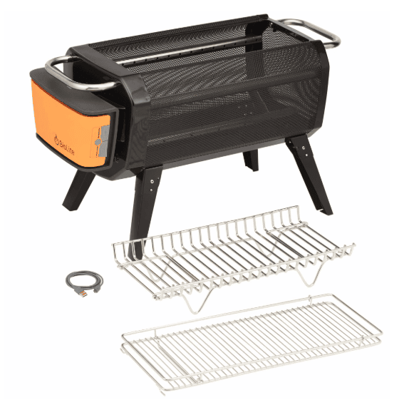 SwagDrop BioLite FirePit, in black and orange, featuring a mesh body and airflow controls for smokeless flames and grilling at outdoor gatherings.