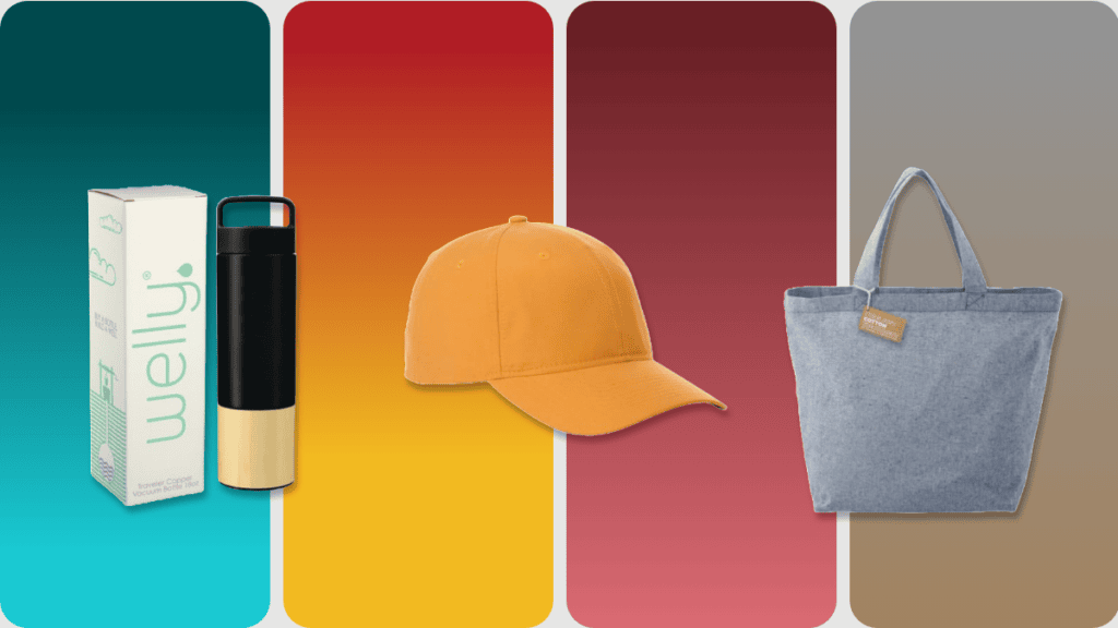 Colorful image featuring a black SwagDrop insulated water bottle, an orange SwagDrop baseball cap, and a blue SwagDrop tote bag.