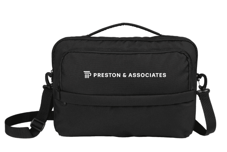 SwagDrop Crossbody Recycled Messenger Bag, in black, offering a secure laptop compartment, crafted from waterproof recycled polyester.