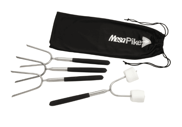 SwagDrop Extendable Roasting Sticks with Carrying Case, in black, featuring telescoping metal rods and rubber grips for safe outdoor cooking.
