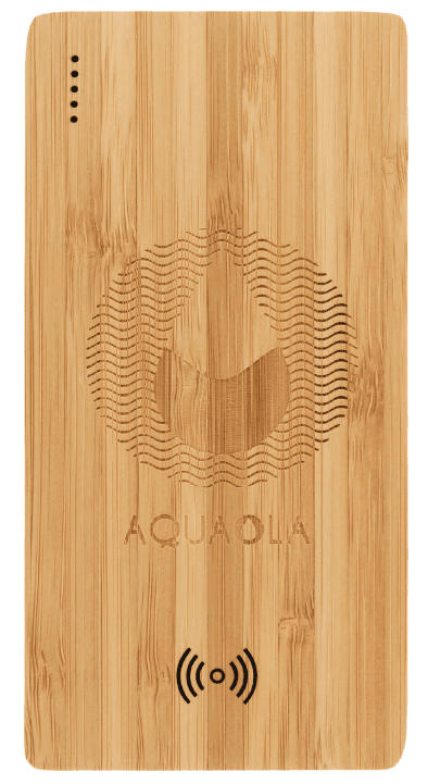 SwagDrop FSC 100% Bamboo 5000 mAh Wireless Power Bank, featuring wireless charging capabilities and an FSC-certified gift box.