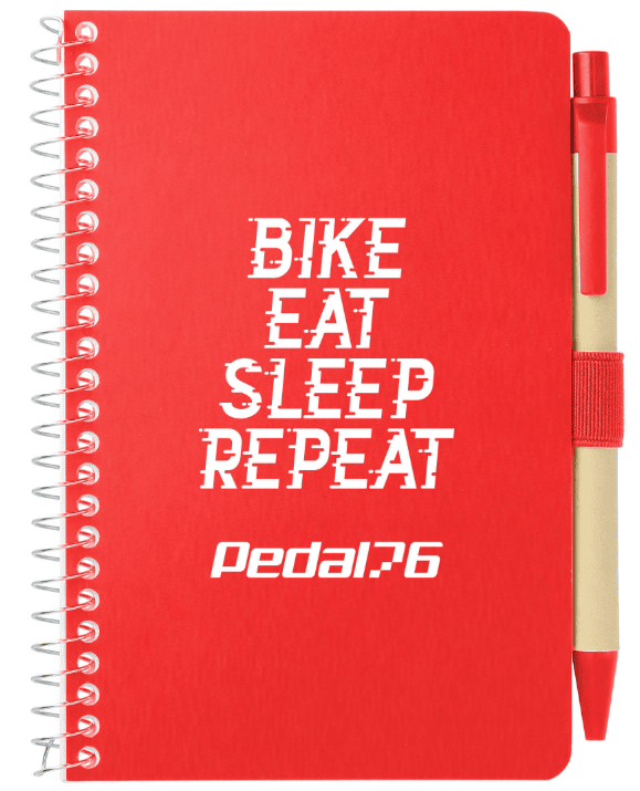 SwagDrop FSC Mix Pocket Spiral Notebook with Pen, in red, with lined FSC-certified paper printed in soy-based ink.