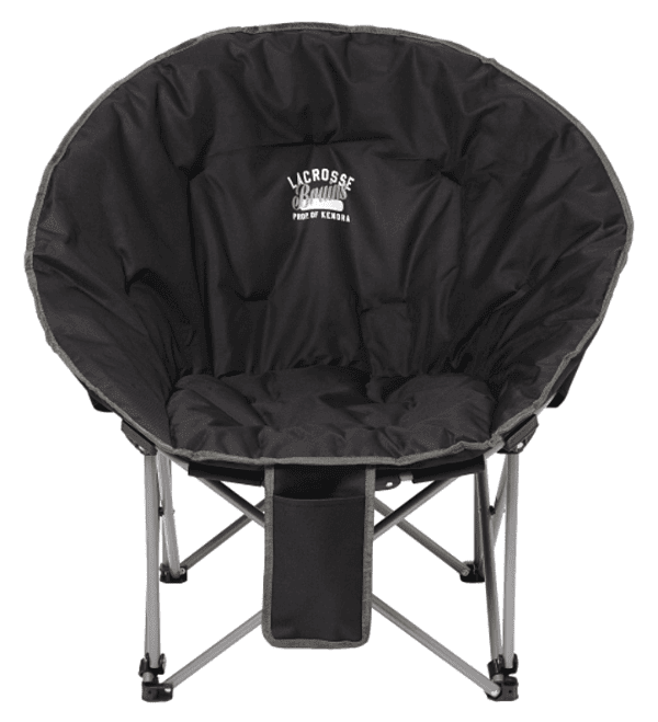 SwagDrop Folding Moon Chair, in black, with a plush circular seat and collapsible frame for cozy seating at tailgates or bonfires.
