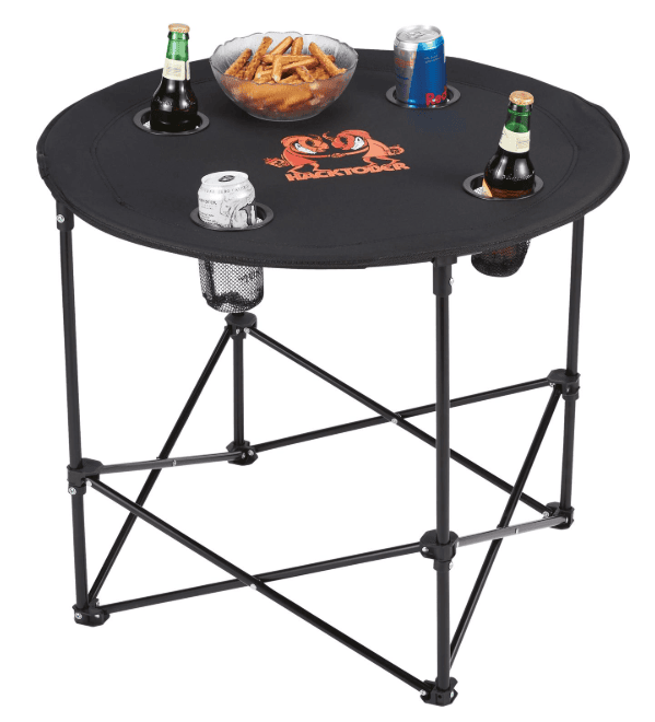 SwagDrop Game Day Folding Table, in black, made of durable materials, ideal for company picnics or tailgates.