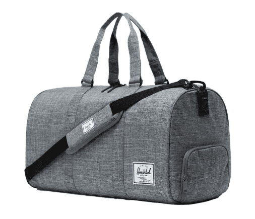 SwagDrop Herschel Novel Duffle with Shoe Compartment, in grey, featuring durable fabric and a built-in shoe compartment, ideal for short trips.