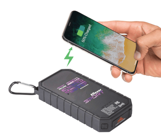 SwagDrop High Sierra IPX 5 Solar Wireless Power Bank, in black, featuring a solar panel, USB ports, and a wireless pad for charging devices on the go.