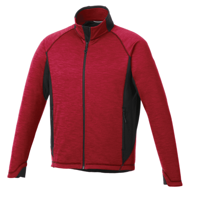 SwagDrop Men’s LANGLEY Knit Jacket, in red, combines textured knit fabric and a brushed interior, ideal for casual workdays or hikes.
