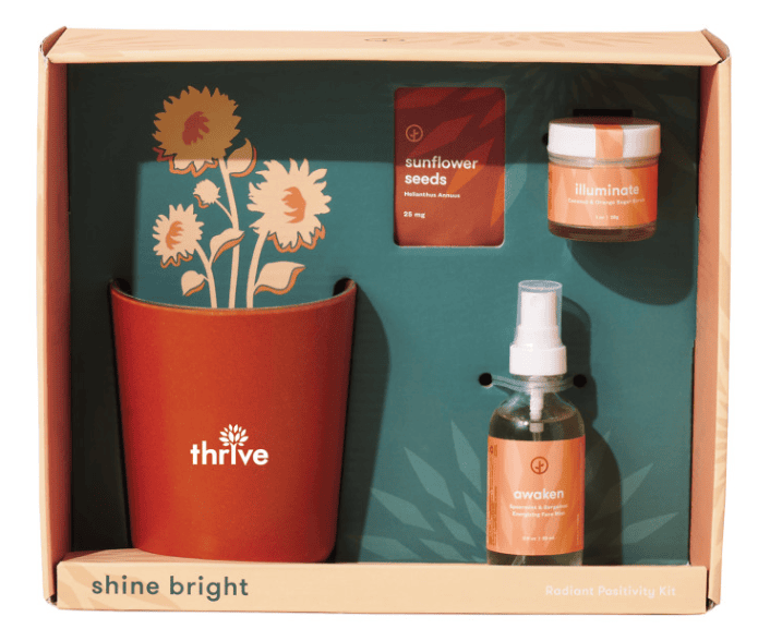 SwagDrop Modern Sprout Shine Bright Take Care Kit Sunflower, providing a bamboo planter, facial mist, and sugar scrub for self-care.