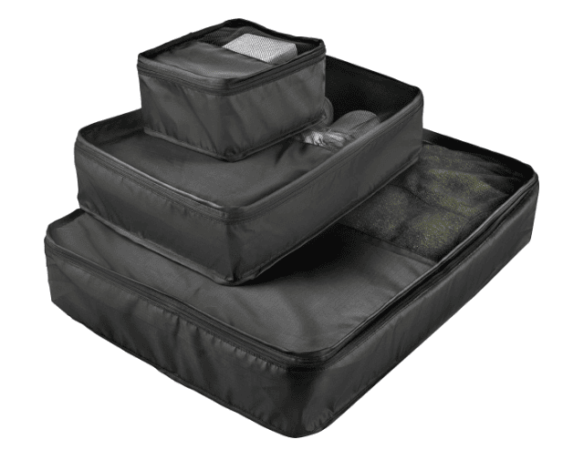 SwagDrop Packing Cubes 3pc Set, in black, featuring mesh tops and zippered compartments for efficient luggage organization during fall travel.
