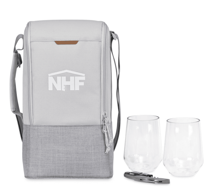 SwagDrop Parkview Insulated Wine-to-Go Carry Tote, in grey, including wine glasses and a corkscrew in a padded backpack for picnics or outings.