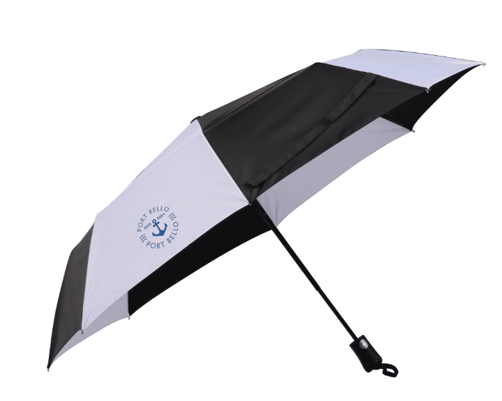 SwagDrop Recycled Auto Open Umbrella, in black and white, with a 46-inch recycled polyester canopy and a compact, FSC-certified pouch.