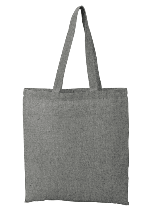 SwagDrop Recycled Cotton Twill Tote, in grey, made from eco-friendly materials, offering a durable and sustainable alternative to plastic bags.