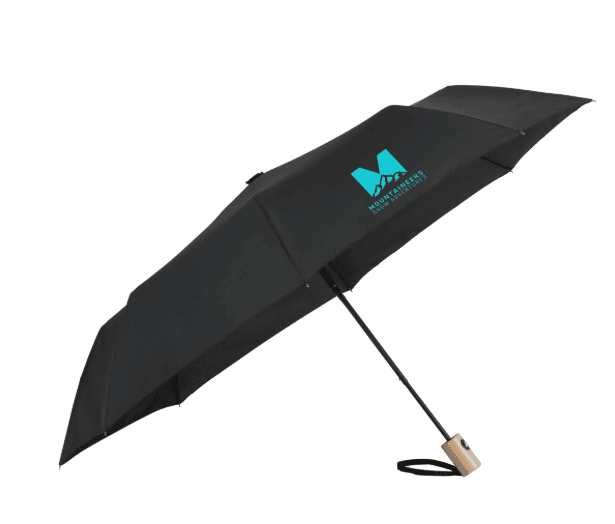 SwagDrop Recycled Folding Auto Open Umbrella, in black, that folds compactly and offers a recycled canopy and wood handle for sustainable commuting.