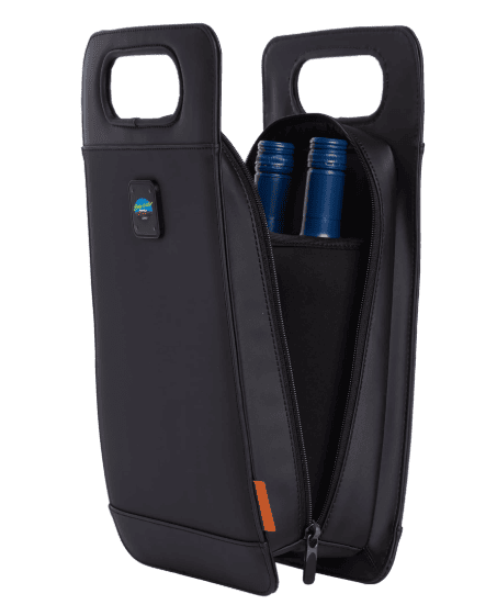 SwagDrop STITCH Wine Tote, in black, offering insulated lining and sleek handles design for transporting wine to gatherings or dinners.