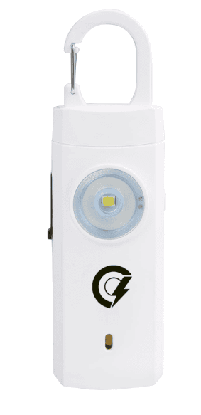 SwagDrop Safety Alarm Keychain, in white, providing a bright LED light and a high-decibel alarm for emergencies.