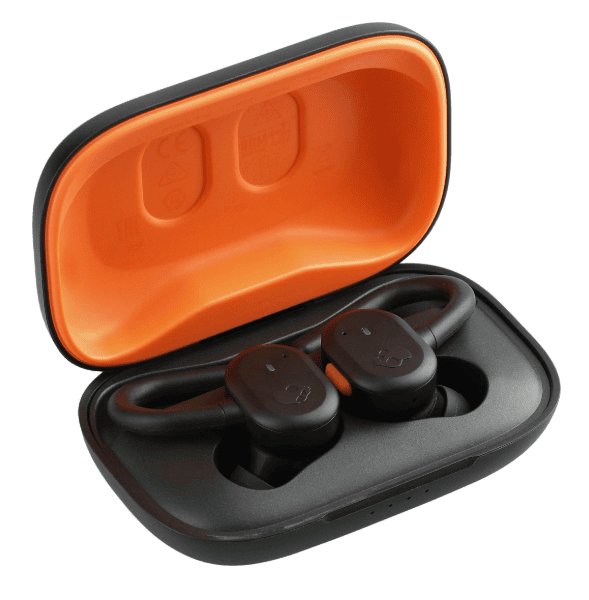 SwagDrop Skullcandy Push Active Wireless Earbuds, in black and orange, with over-ear hooks for a secure fit during workouts or commutes.