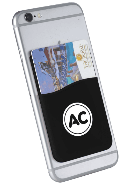 SwagDrop Slim Silicone Card Wallet, in black, featuring adhesive tape for attaching it to smartphones.