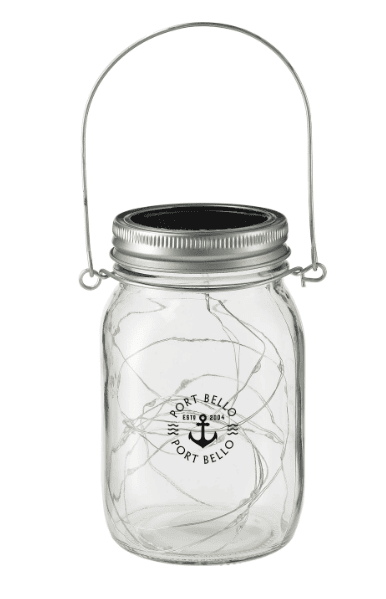 SwagDrop Solar Power Mason Jar Light, providing a glass body and built-in solar panel to add soft lighting to outdoor spaces.