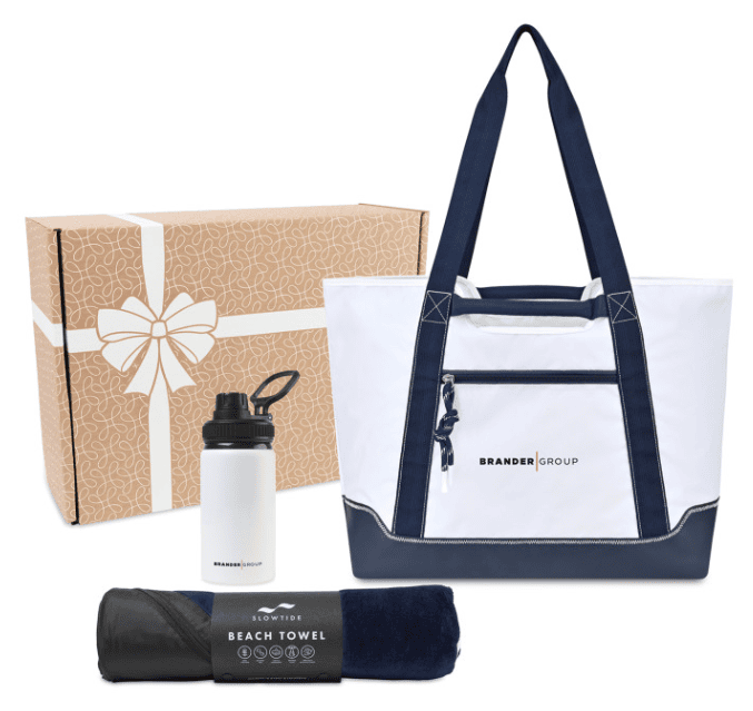 SwagDrop Surprise & Delight Gift Set, providing a nautical-style tote, a beach towel, and a reusable water bottle, ideal for summer getaways.