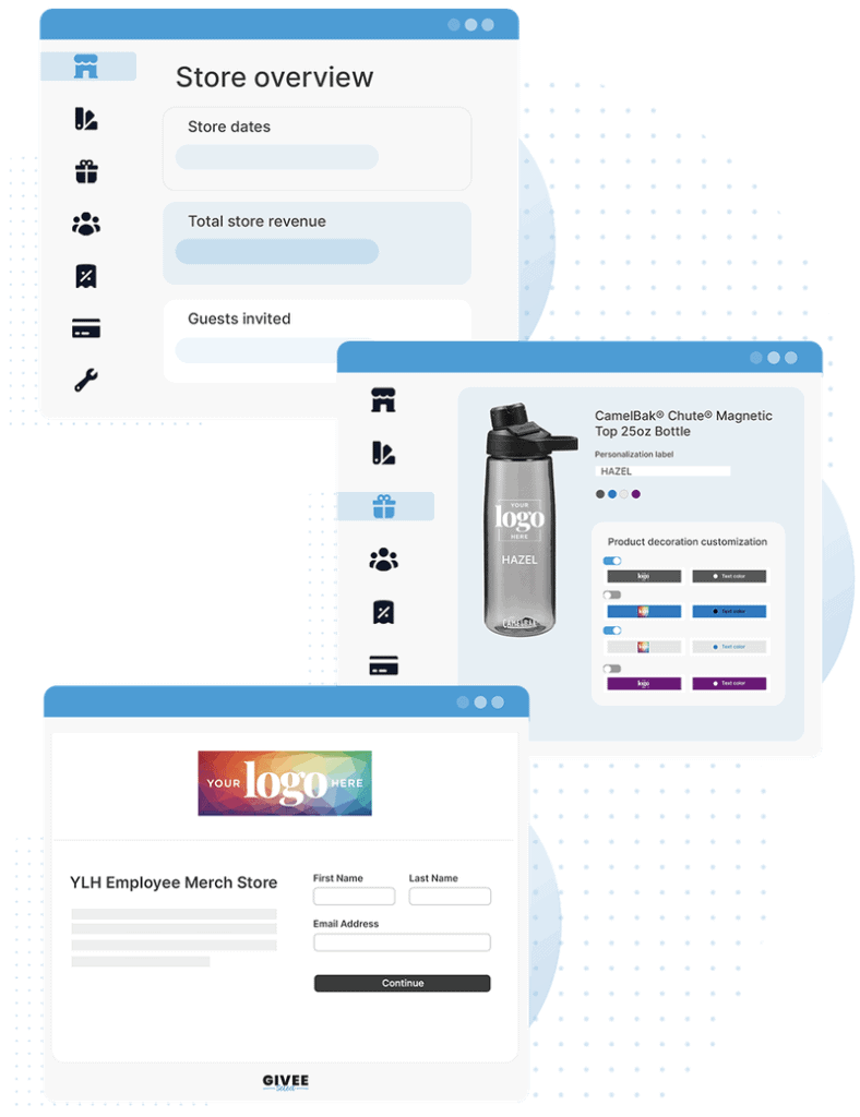 Images displaying the swag-on-demand store menu and the customization options for store owners.