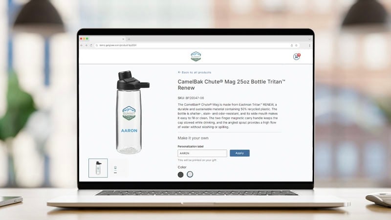 A laptop screen displaying a product description and the gift personalization options in a SwagDrop swag-on-demand store.