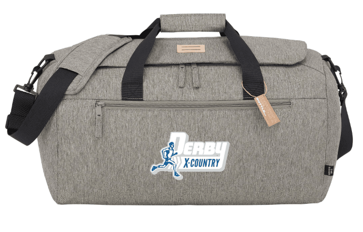 SwagDrop THE GOODS Recycled Roll Duffle Bag, in grey, made from recycled PET bottles, featuring multiple zippered pockets for organization.