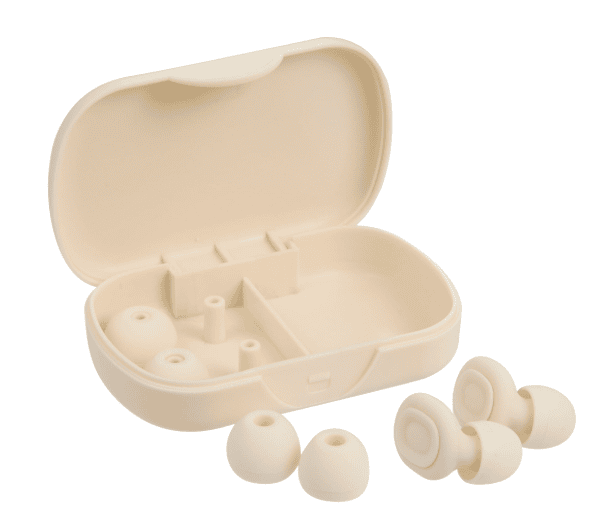 SwagDrop Wellable Noise Reducing Ear Plugs, in cream, offering a silicone construction with high noise reduction and a portable case for travel.