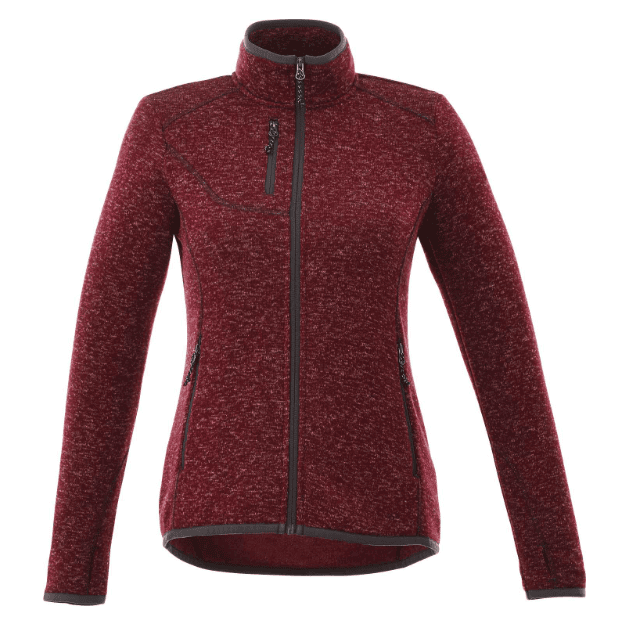 SwagDrop Women's TREMBLANT Sweater Knit Full Zip Jacket, in Burgundy, featuring a soft knit fabric, thumbholes, and zip pockets for active use.