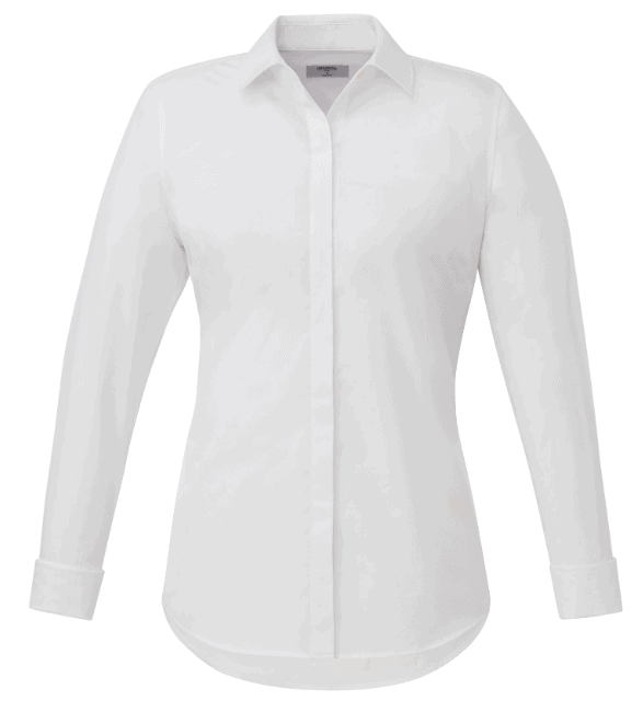 SwagDrop Women's UNTUCKit Tracey Button Up Shirt, in white, made of cotton, with French cuffs, tailored for business settings.